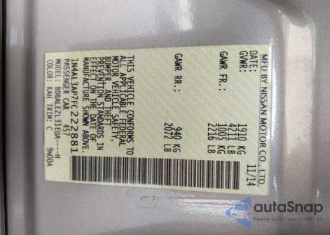 2015 Nissan Altima 2.5 S из США, поврежденный, VIN 1N4AL3AP7FC222881